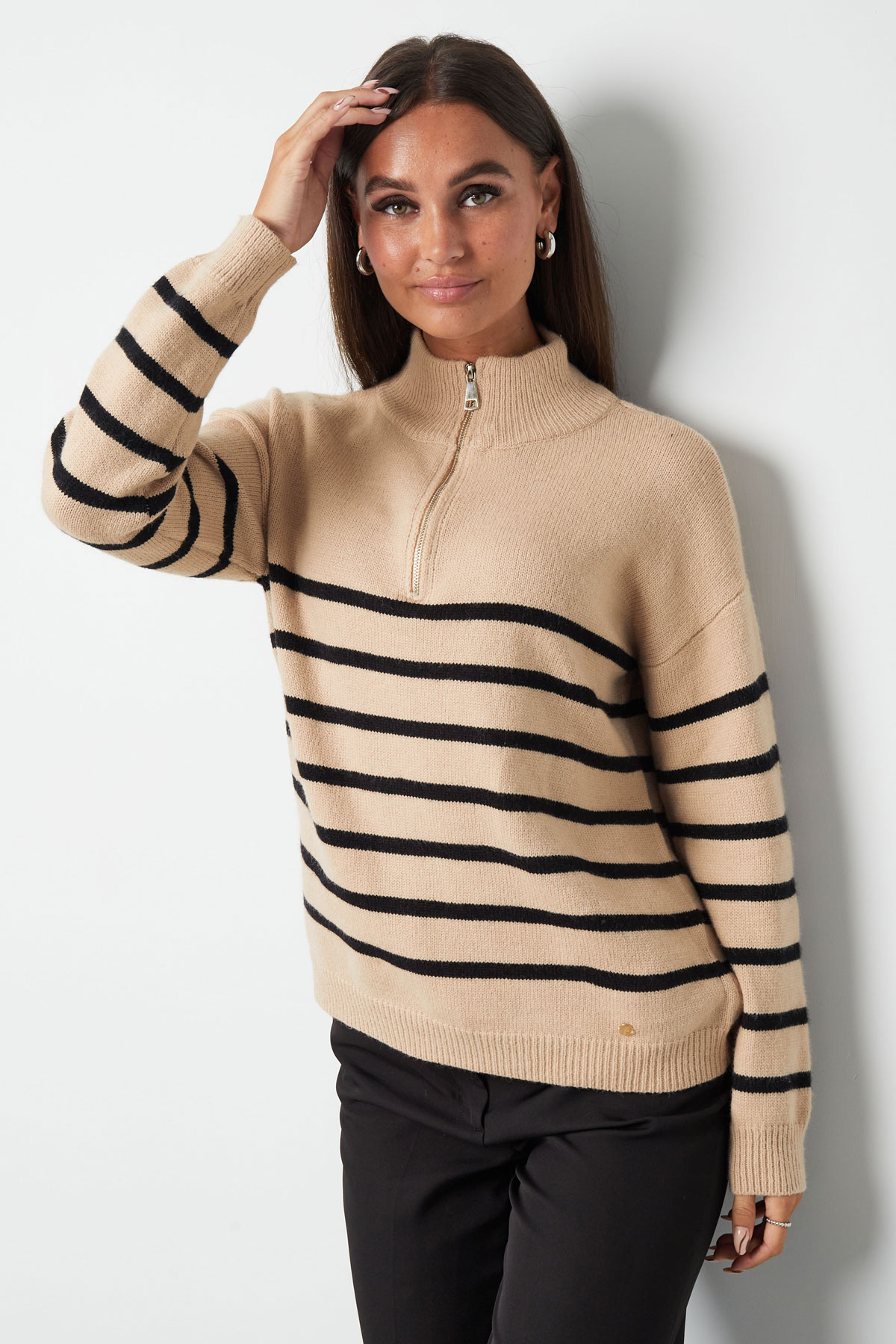 Knitted sweater stripes with zipper - beige black - LXL h5 Picture9